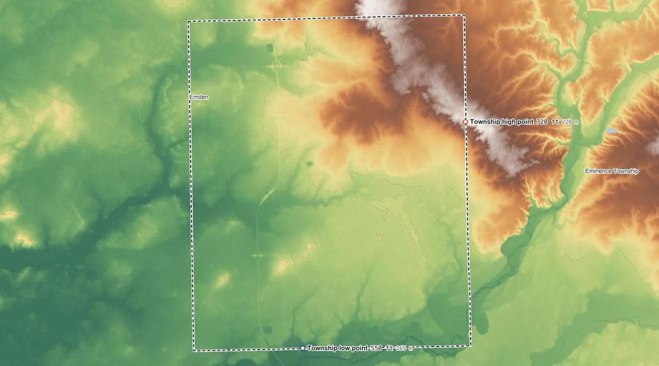 Topographic elevation map of Orvil Township, Illinois, shaded from 550 ft on the south side to 720 ft on the east side