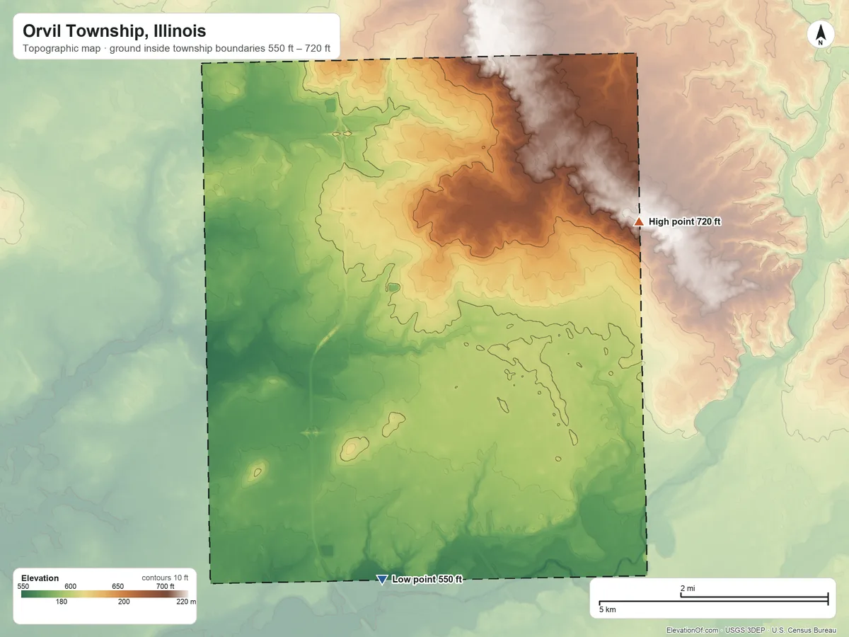 Topographic elevation map of Orvil Township, Illinois, shaded from 550 ft on the south side to 720 ft on the east side