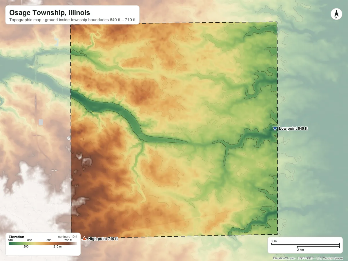Topographic elevation map of Osage Township, Illinois, shaded from 640 ft on the east side to 710 ft on the southwest side