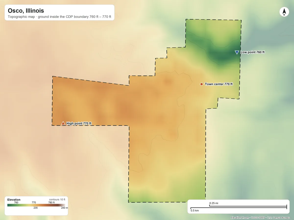 Topographic elevation map of Osco, Illinois, shaded from 760 ft on the northeast side to 770 ft on the west side