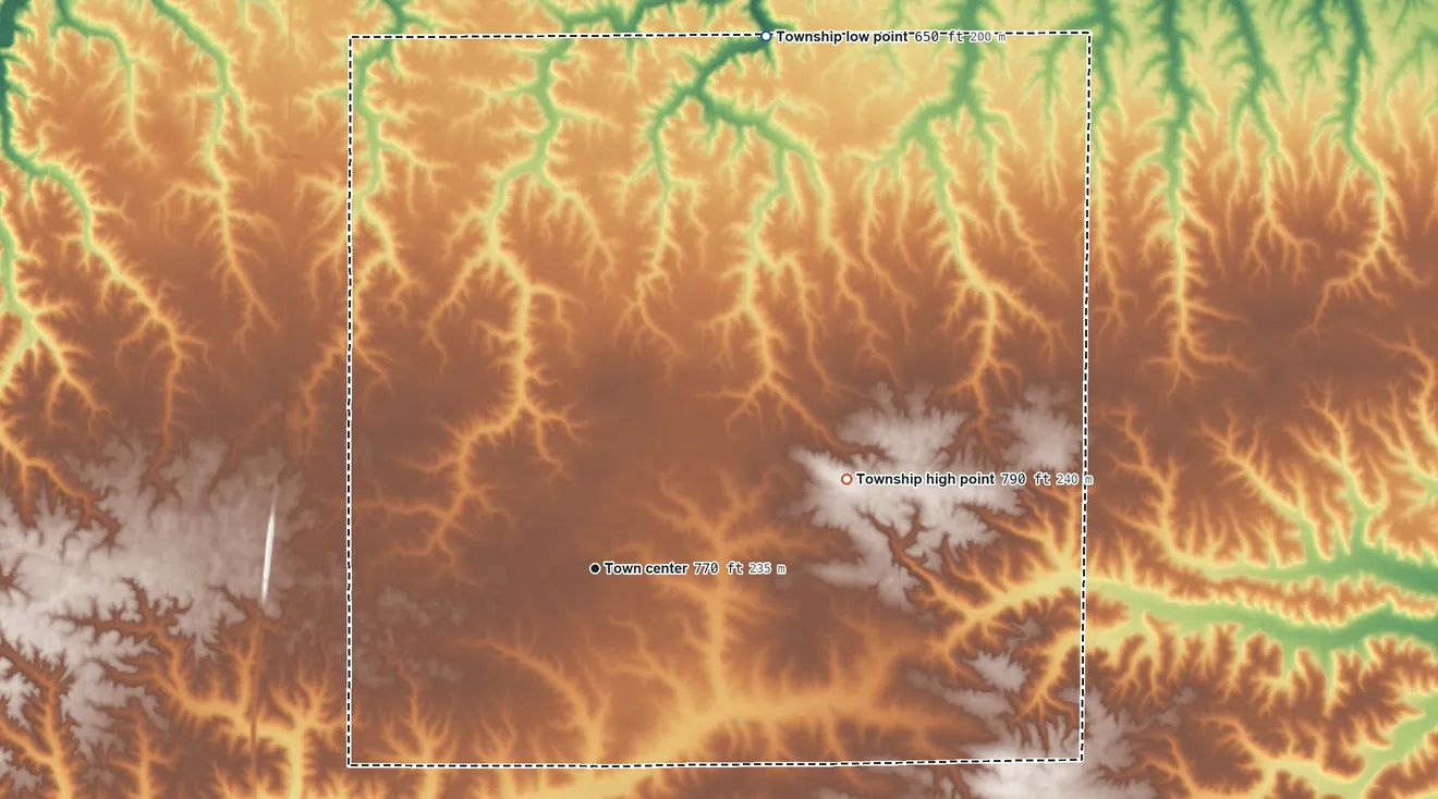 Topographic elevation map of Osco Township, Illinois, shaded from 650 ft on the north side to 790 ft on the east side