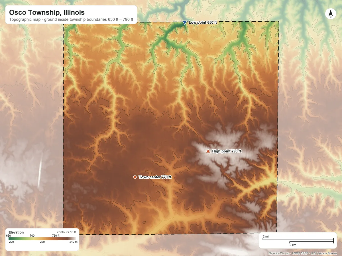 Topographic elevation map of Osco Township, Illinois, shaded from 650 ft on the north side to 790 ft on the east side
