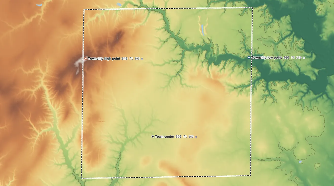 Topographic elevation map of Oskaloosa Township, Illinois, shaded from 460 ft on the northeast side to 640 ft on the northwest side