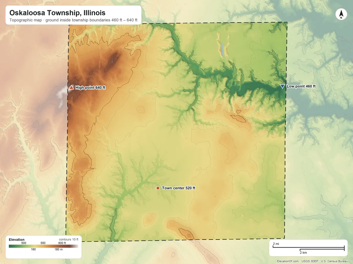 Topographic elevation map of Oskaloosa Township, Illinois, shaded from 460 ft on the northeast side to 640 ft on the northwest side