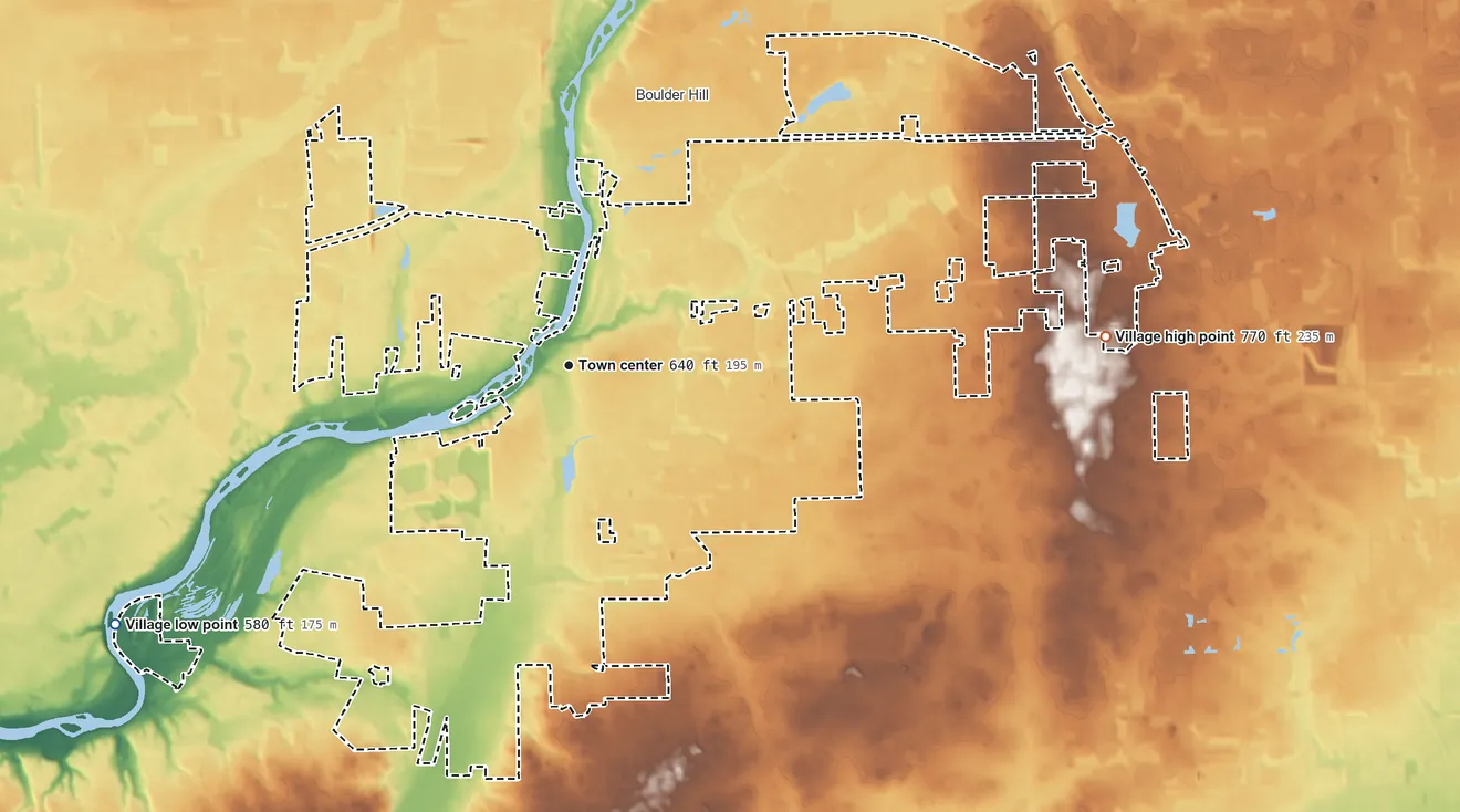 Topographic elevation map of Oswego, Illinois, shaded from 580 ft on the southwest side to 770 ft on the east side