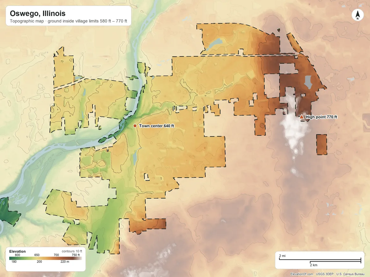 Topographic elevation map of Oswego, Illinois, shaded from 580 ft on the southwest side to 770 ft on the east side