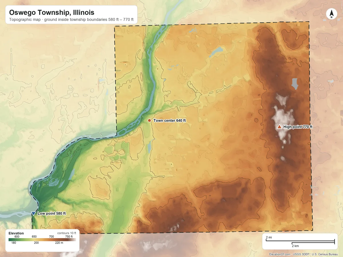 Topographic elevation map of Oswego Township, Illinois, shaded from 580 ft on the southwest side to 770 ft on the east side