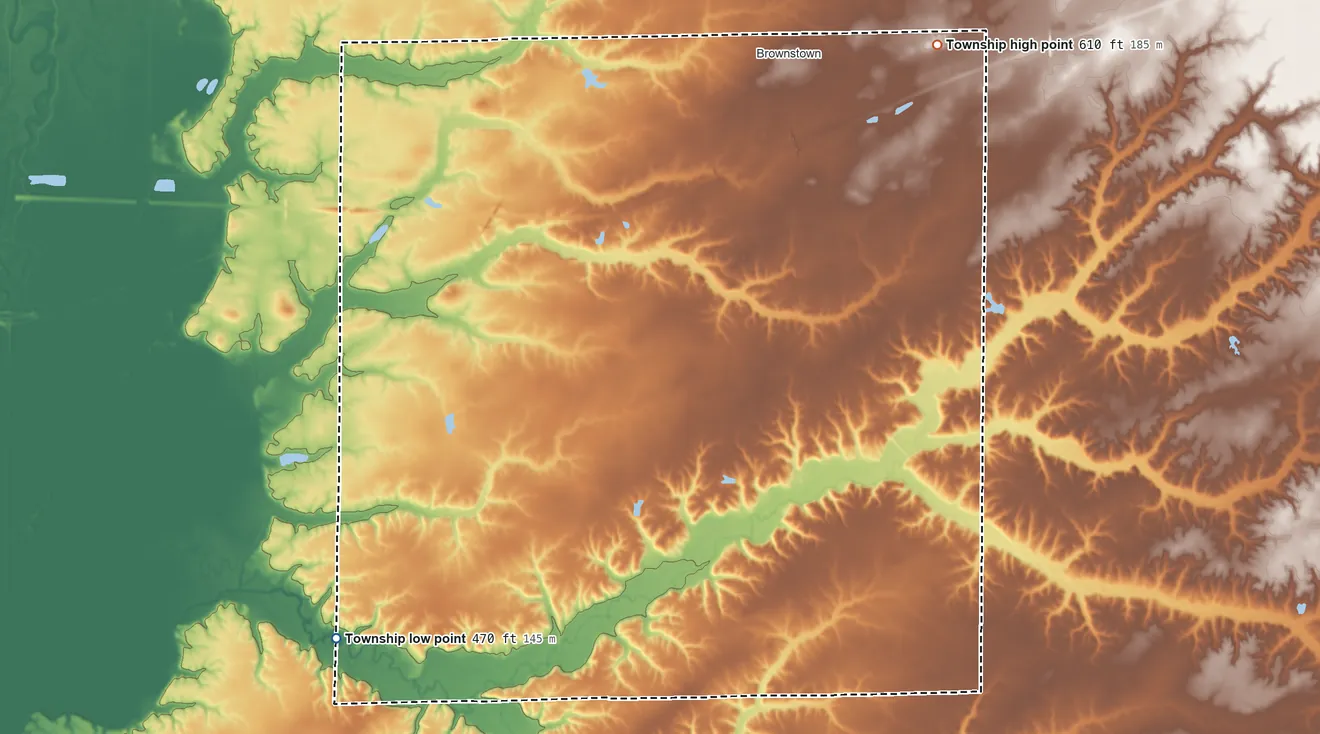 Topographic elevation map of Otego Township, Illinois, shaded from 470 ft on the southwest side to 610 ft on the northeast side