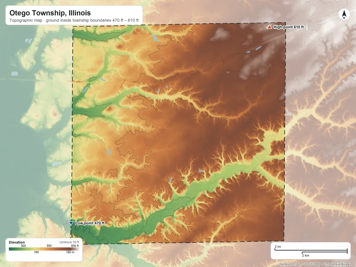 Topographic elevation map of Otego Township, Illinois, shaded from 470 ft on the southwest side to 610 ft on the northeast side