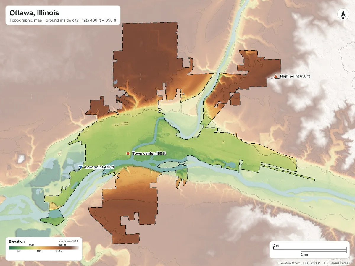 Topographic elevation map of Ottawa, Illinois, shaded from 430 ft on the west side to 650 ft on the northeast side