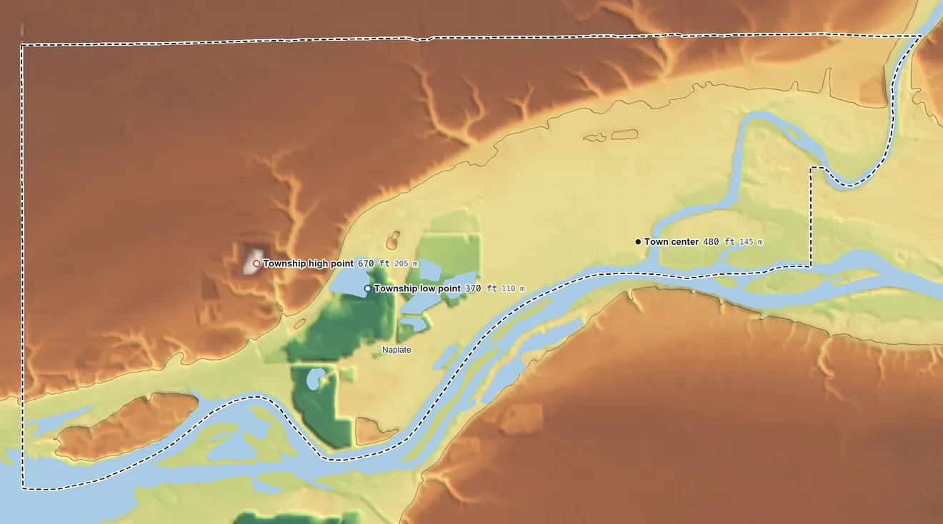 Topographic elevation map of Ottawa Township, Illinois, shaded from 370 ft on the west side to 670 ft on the west side