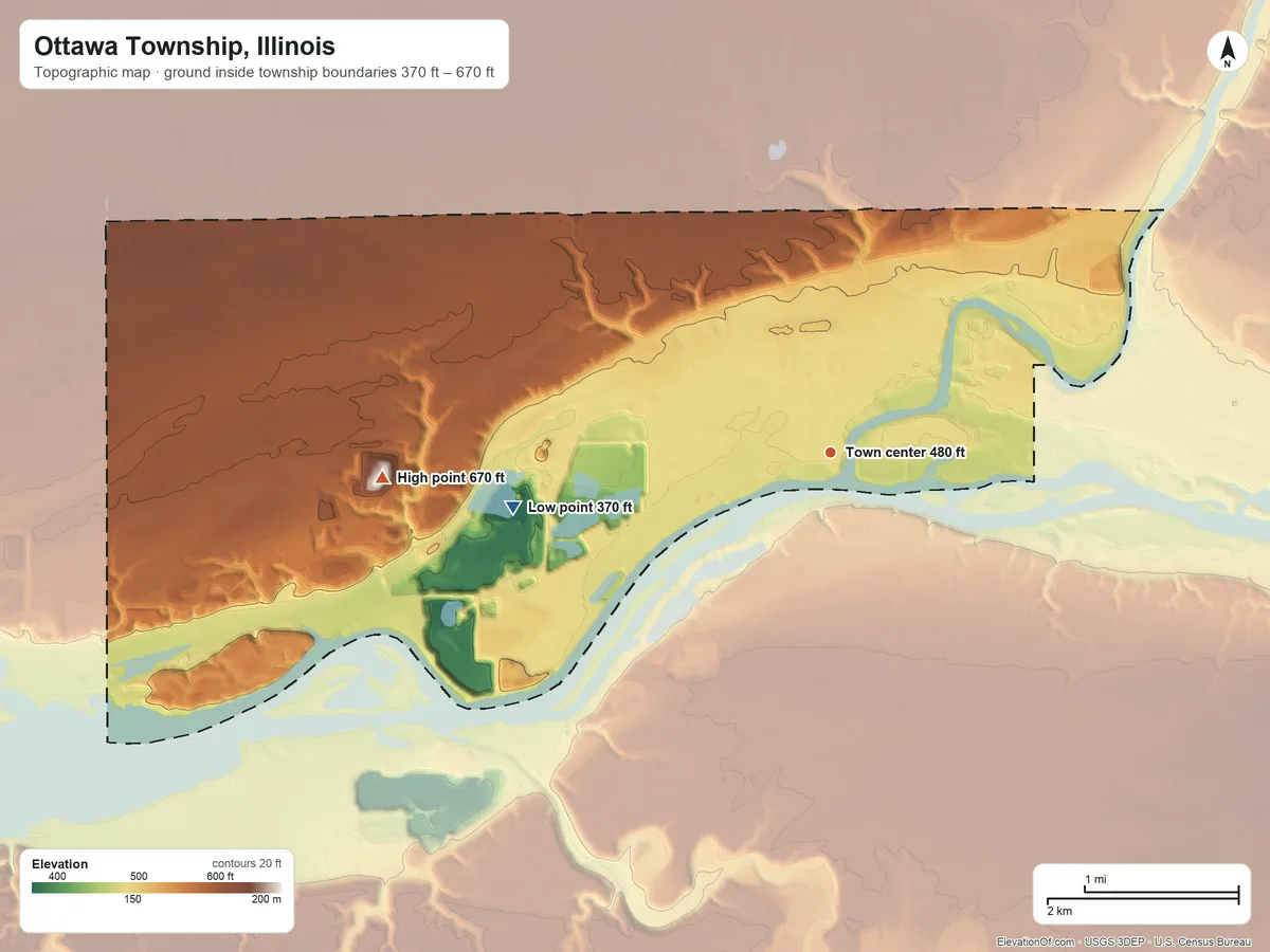 Topographic elevation map of Ottawa Township, Illinois, shaded from 370 ft on the west side to 670 ft on the west side