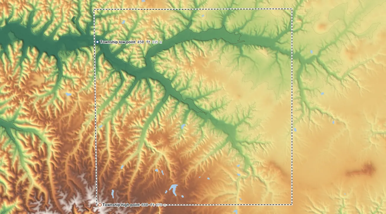 Topographic elevation map of Otter Creek Township, Jersey County, Illinois, shaded from 450 ft on the northwest side to 880 ft on the southwest side
