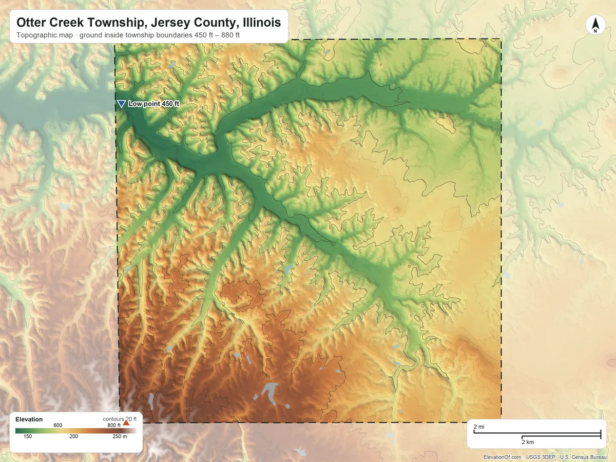 Topographic elevation map of Otter Creek Township, Jersey County, Illinois, shaded from 450 ft on the northwest side to 880 ft on the southwest side