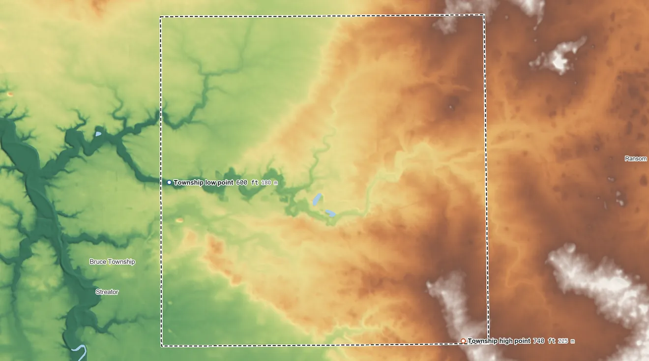 Topographic elevation map of Otter Creek Township, Illinois, shaded from 600 ft on the north side to 740 ft on the east side