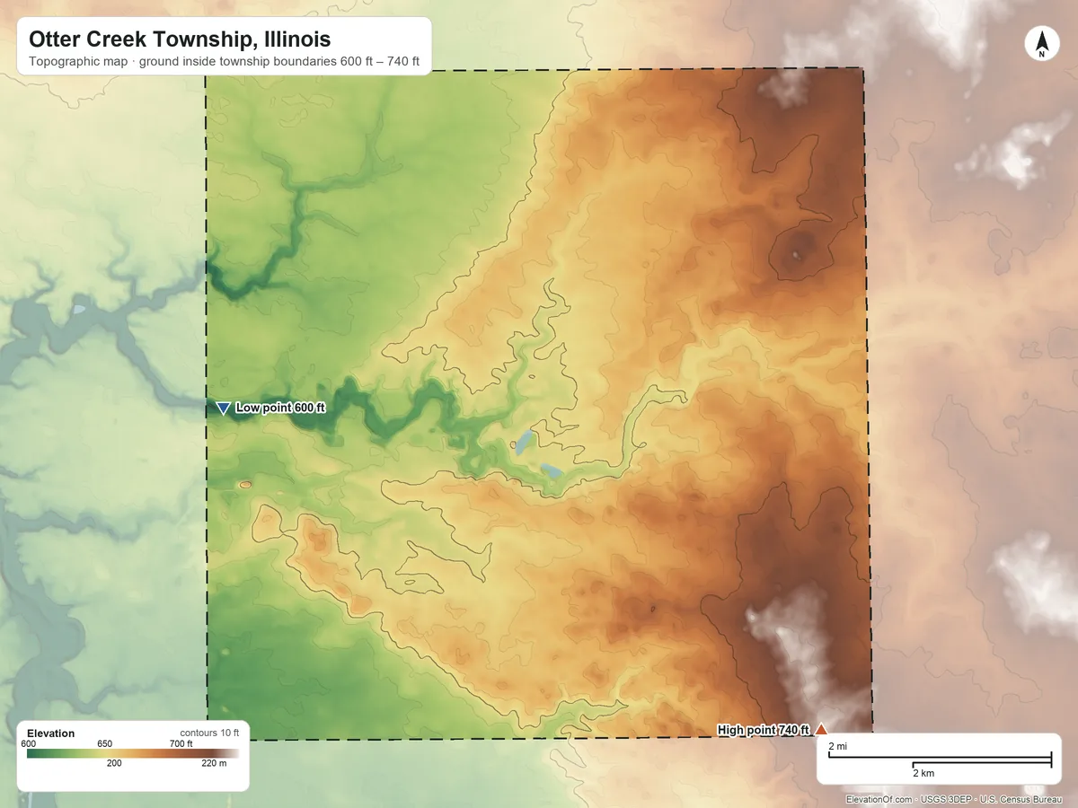 Topographic elevation map of Otter Creek Township, Illinois, shaded from 600 ft on the north side to 740 ft on the east side