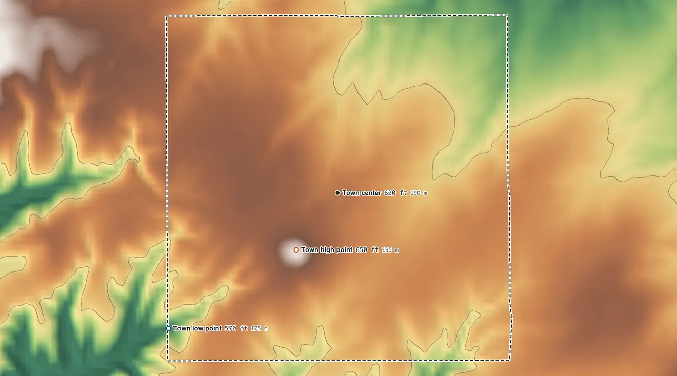 Topographic elevation map of Otterville, Illinois, shaded from 570 ft on the southwest side to 650 ft on the southwest side