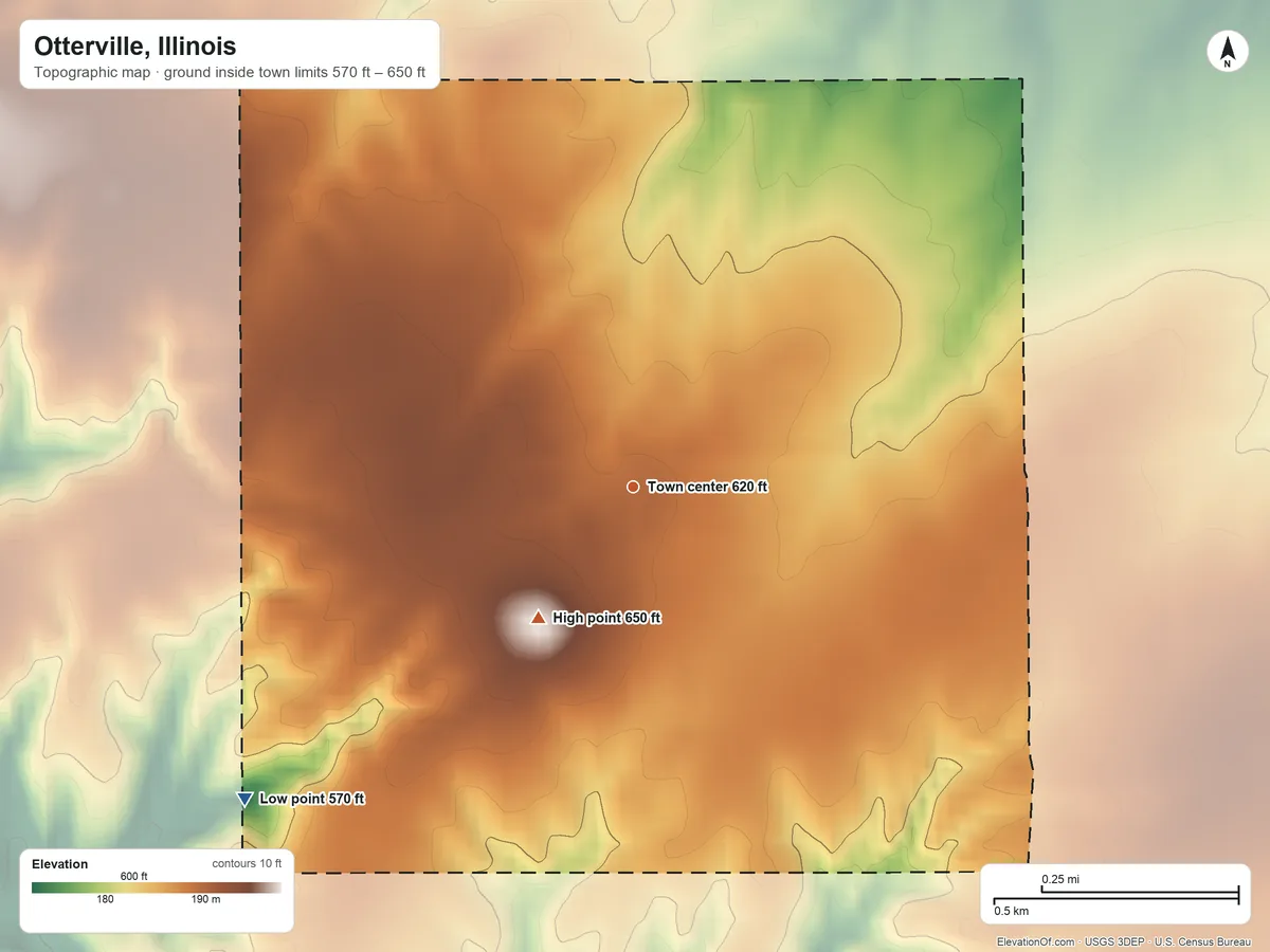 Topographic elevation map of Otterville, Illinois, shaded from 570 ft on the southwest side to 650 ft on the southwest side