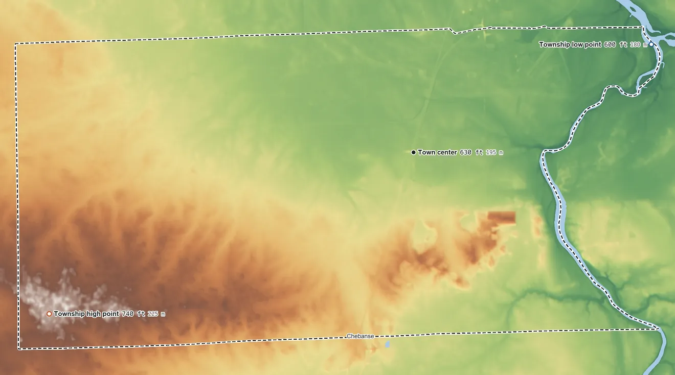 Topographic elevation map of Otto Township, Illinois, shaded from 600 ft on the northeast side to 740 ft on the southwest side