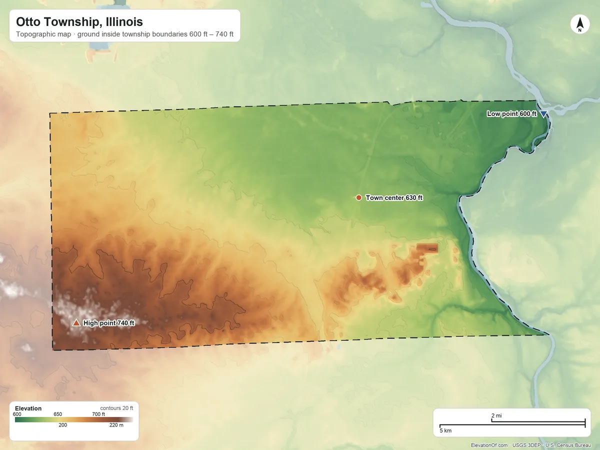 Topographic elevation map of Otto Township, Illinois, shaded from 600 ft on the northeast side to 740 ft on the southwest side