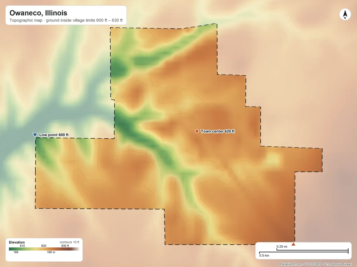 Topographic elevation map of Owaneco, Illinois, shaded from 600 ft on the west side to 630 ft on the southeast side