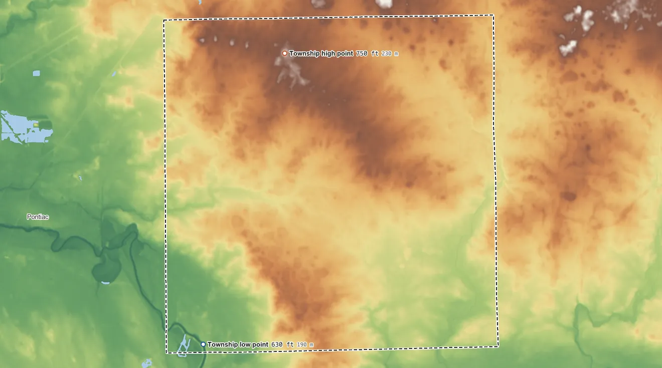 Topographic elevation map of Owego Township, Illinois, shaded from 630 ft on the southwest side to 750 ft on the north side