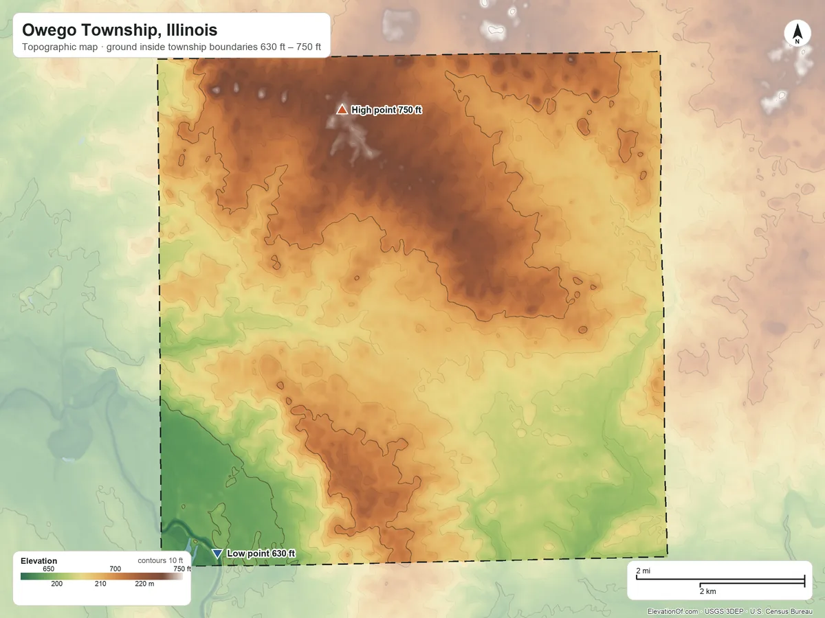 Topographic elevation map of Owego Township, Illinois, shaded from 630 ft on the southwest side to 750 ft on the north side