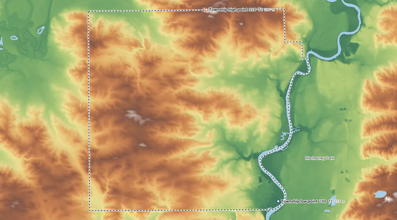 Topographic elevation map of Owen Township, Illinois, shaded from 700 ft on the southeast side to 910 ft on the north side
