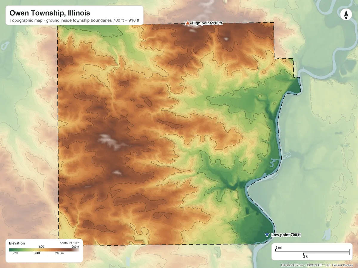 Topographic elevation map of Owen Township, Illinois, shaded from 700 ft on the southeast side to 910 ft on the north side