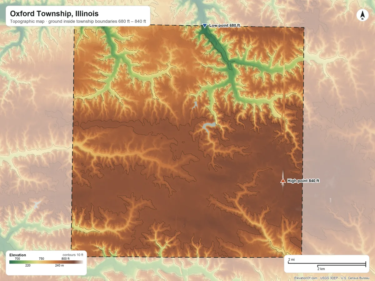 Topographic elevation map of Oxford Township, Illinois, shaded from 680 ft on the north side to 840 ft on the east side