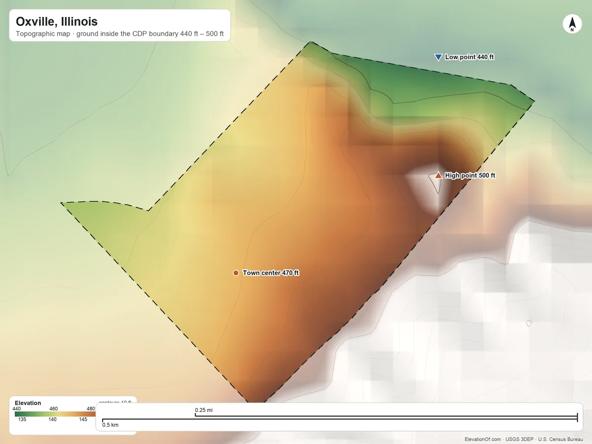 Topographic elevation map of Oxville, Illinois, shaded from 440 ft on the northeast side to 500 ft on the northeast side
