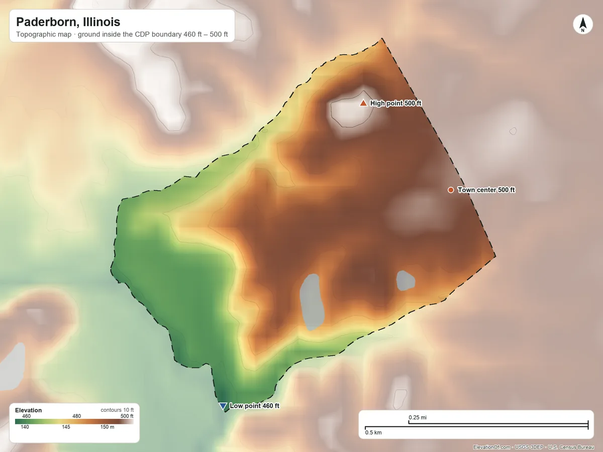 Topographic elevation map of Paderborn, Illinois, shaded from 460 ft on the southwest side to 500 ft on the northwest side