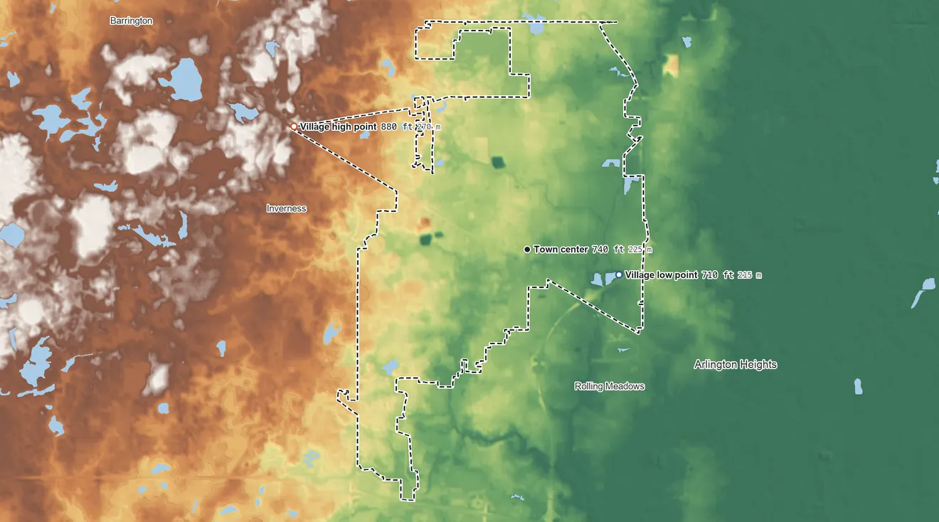 Topographic elevation map of Palatine, Illinois, shaded from 710 ft on the east side to 880 ft on the northwest side