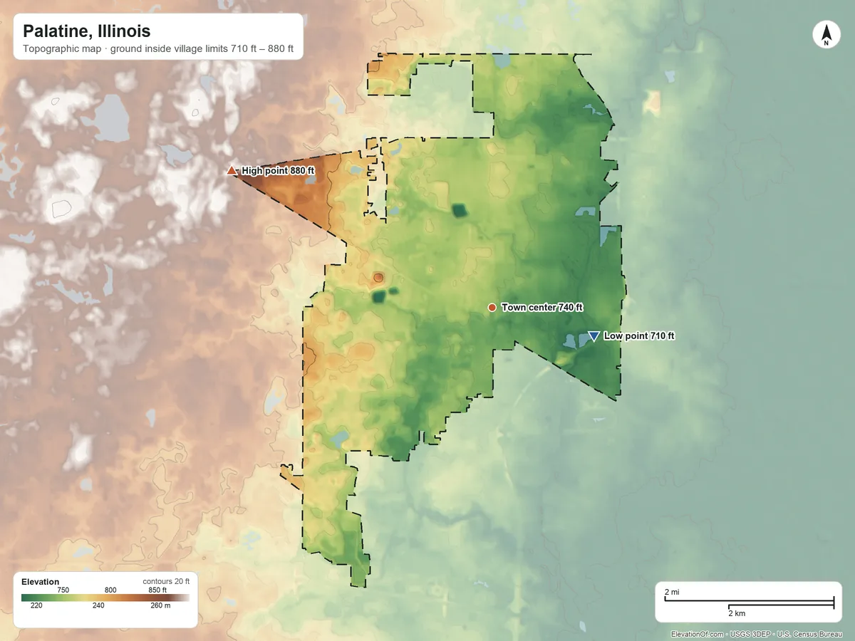 Topographic elevation map of Palatine, Illinois, shaded from 710 ft on the east side to 880 ft on the northwest side