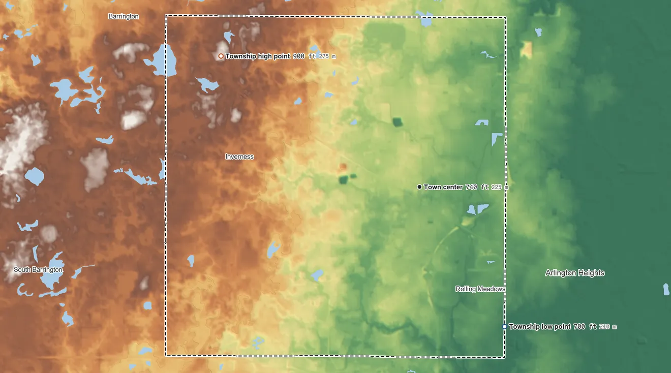 Topographic elevation map of Palatine Township, Illinois, shaded from 700 ft on the southeast side to 900 ft on the northwest side