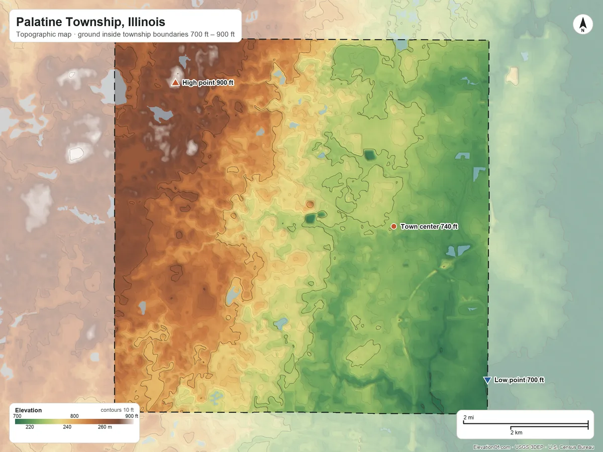 Topographic elevation map of Palatine Township, Illinois, shaded from 700 ft on the southeast side to 900 ft on the northwest side