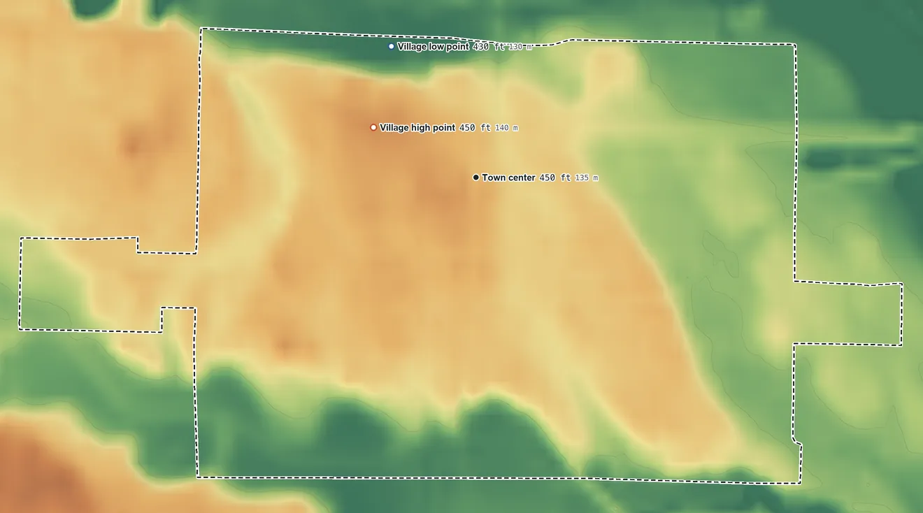 Topographic elevation map of Palestine, Illinois, shaded from 430 ft on the northwest side to 450 ft on the northwest side