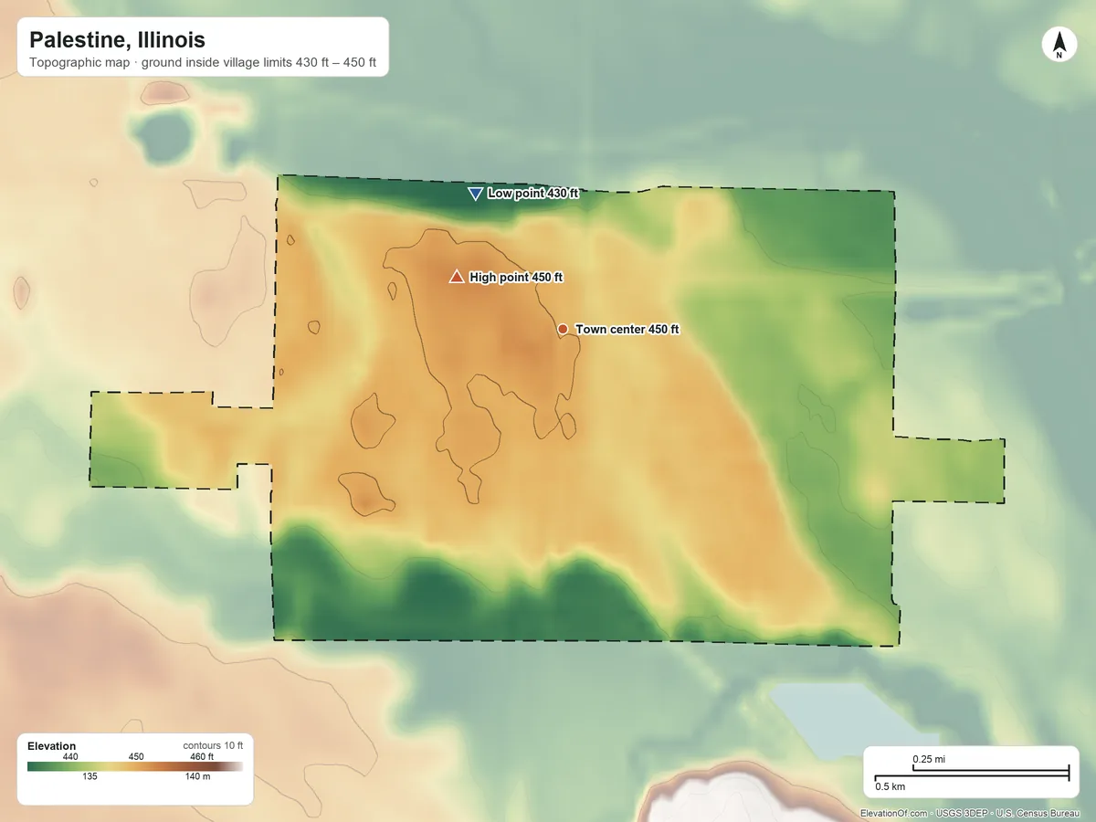 Topographic elevation map of Palestine, Illinois, shaded from 430 ft on the northwest side to 450 ft on the northwest side