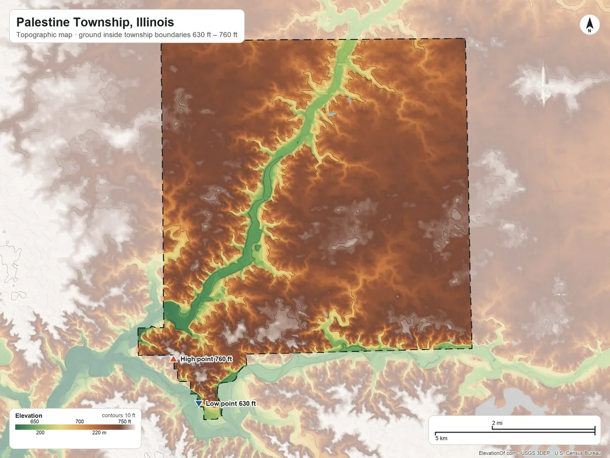 Topographic elevation map of Palestine Township, Illinois, shaded from 630 ft on the south side to 760 ft on the southwest side