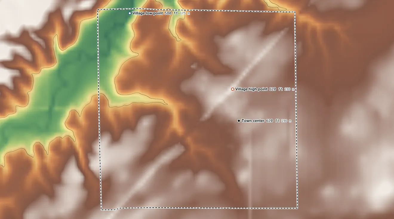 Topographic elevation map of Palmer, Illinois, shaded from 580 ft on the northwest side to 620 ft on the north side