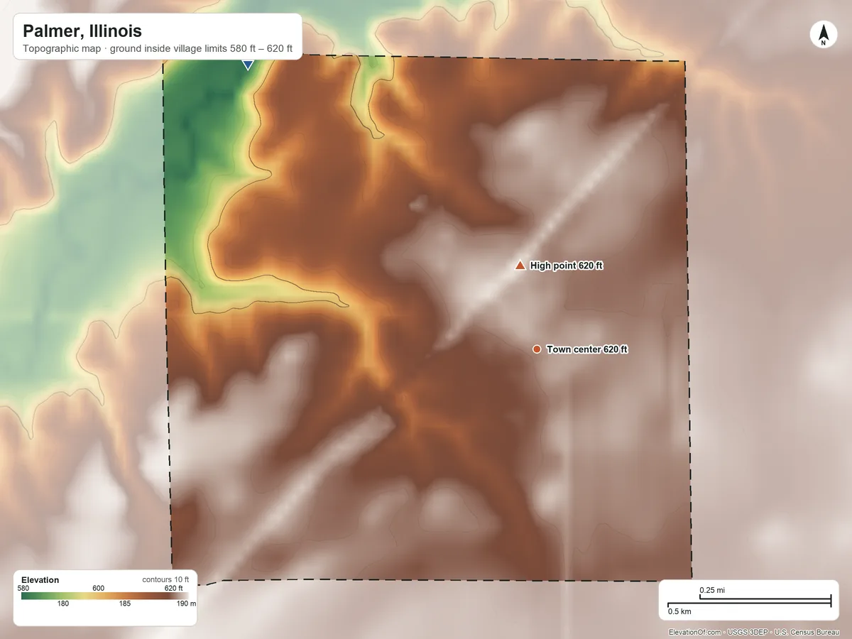 Topographic elevation map of Palmer, Illinois, shaded from 580 ft on the northwest side to 620 ft on the north side
