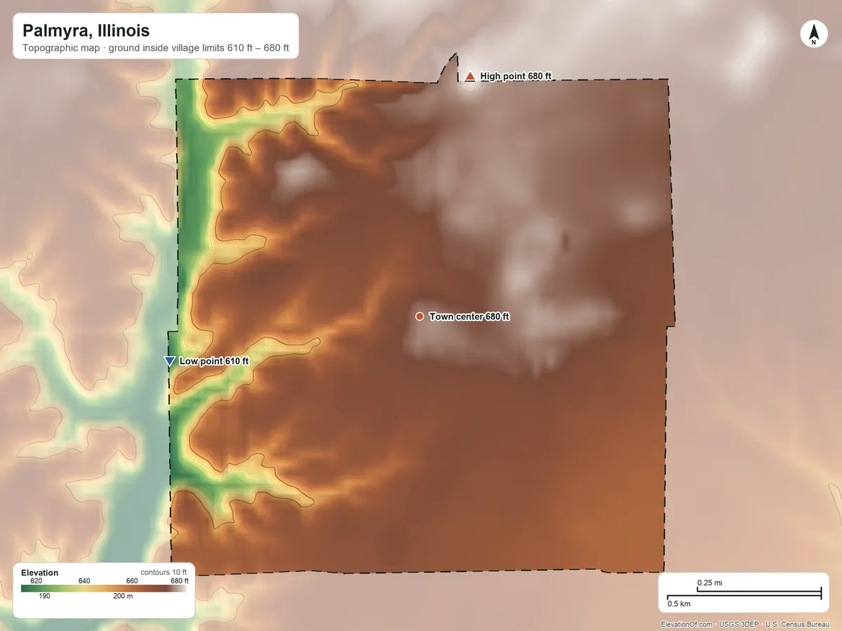 Topographic elevation map of Palmyra, Illinois, shaded from 610 ft on the west side to 680 ft on the north side