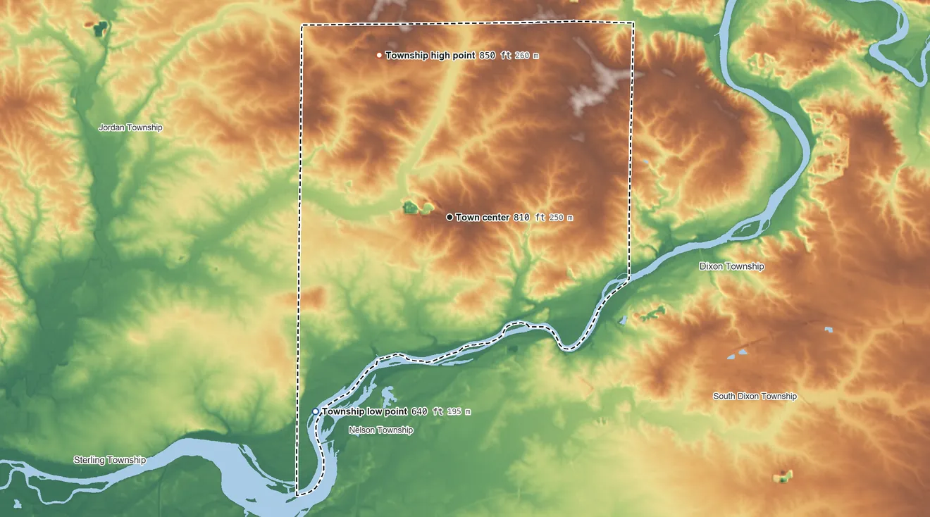 Topographic elevation map of Palmyra Township, Illinois, shaded from 640 ft on the southwest side to 850 ft on the northwest side