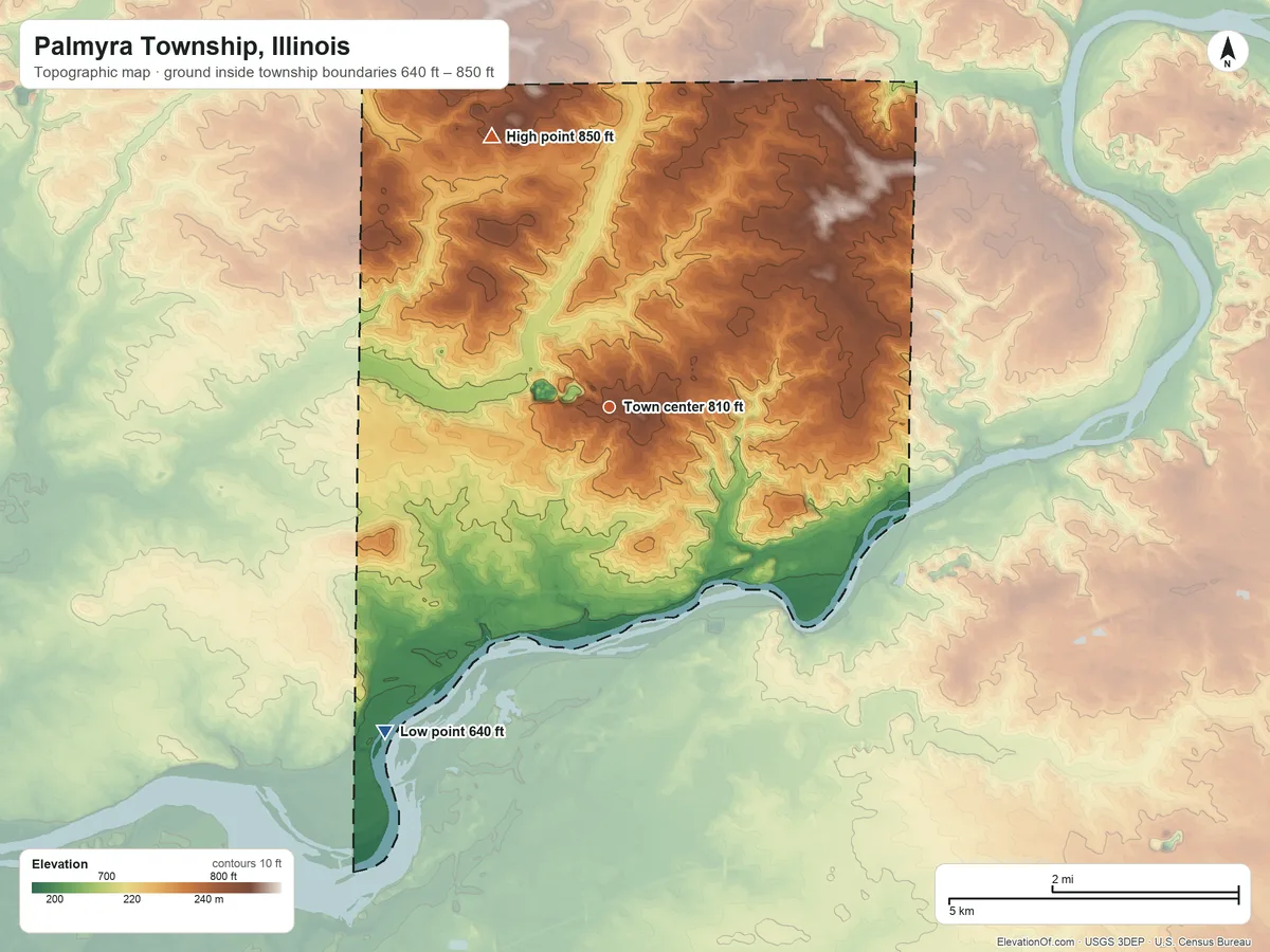 Topographic elevation map of Palmyra Township, Illinois, shaded from 640 ft on the southwest side to 850 ft on the northwest side