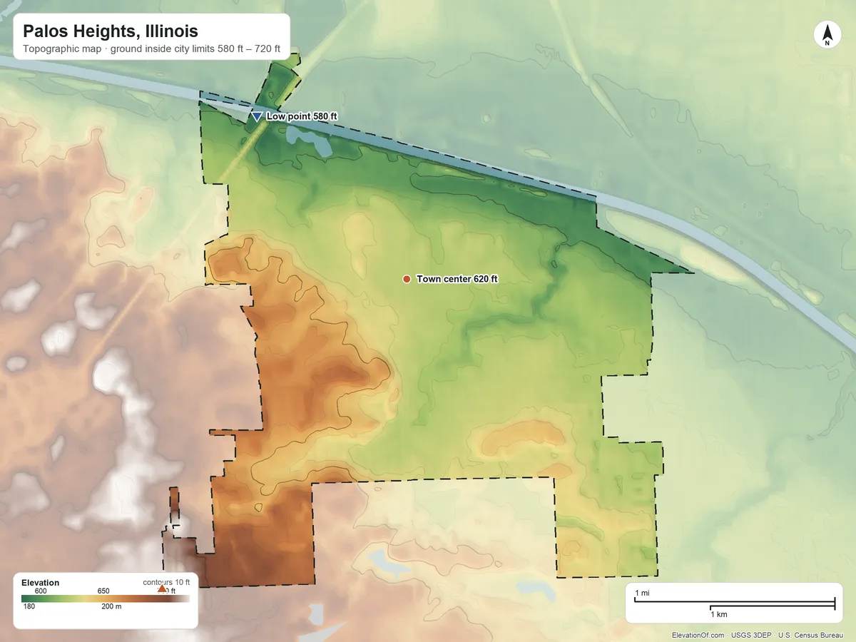 Topographic elevation map of Palos Heights, Illinois, shaded from 580 ft on the northwest side to 720 ft on the southwest side