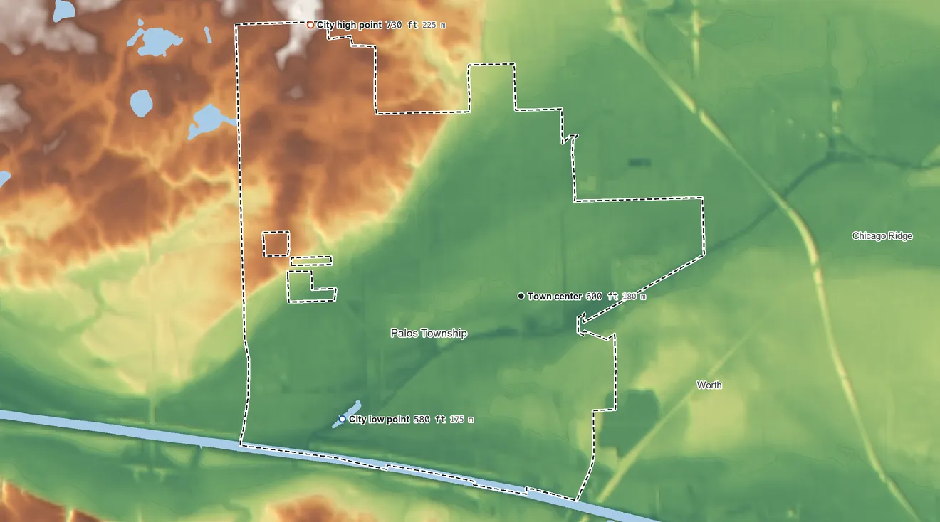 Topographic elevation map of Palos Hills, Illinois, shaded from 580 ft on the southwest side to 730 ft on the northwest side