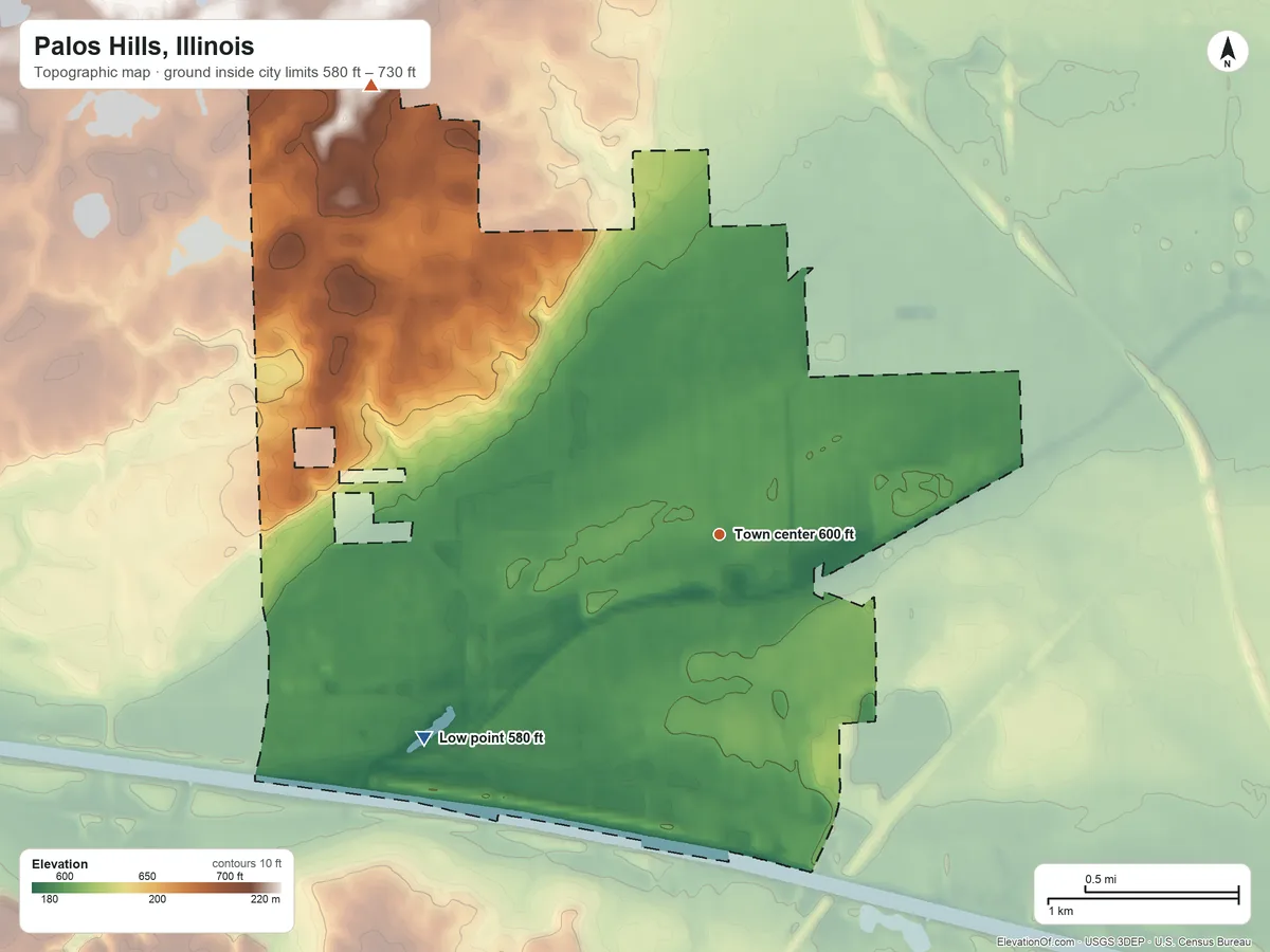 Topographic elevation map of Palos Hills, Illinois, shaded from 580 ft on the southwest side to 730 ft on the northwest side