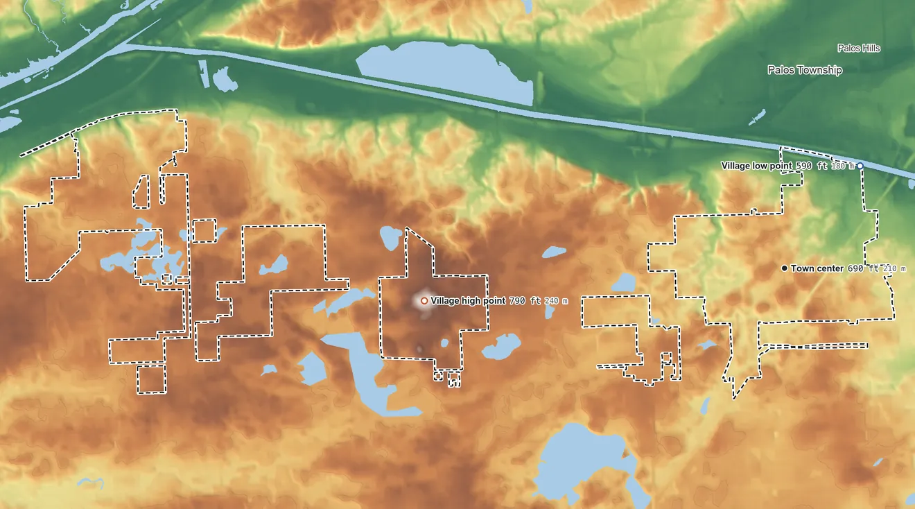 Topographic elevation map of Palos Park, Illinois, shaded from 590 ft on the northeast side to 790 ft on the west side