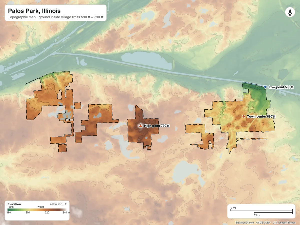 Topographic elevation map of Palos Park, Illinois, shaded from 590 ft on the northeast side to 790 ft on the west side