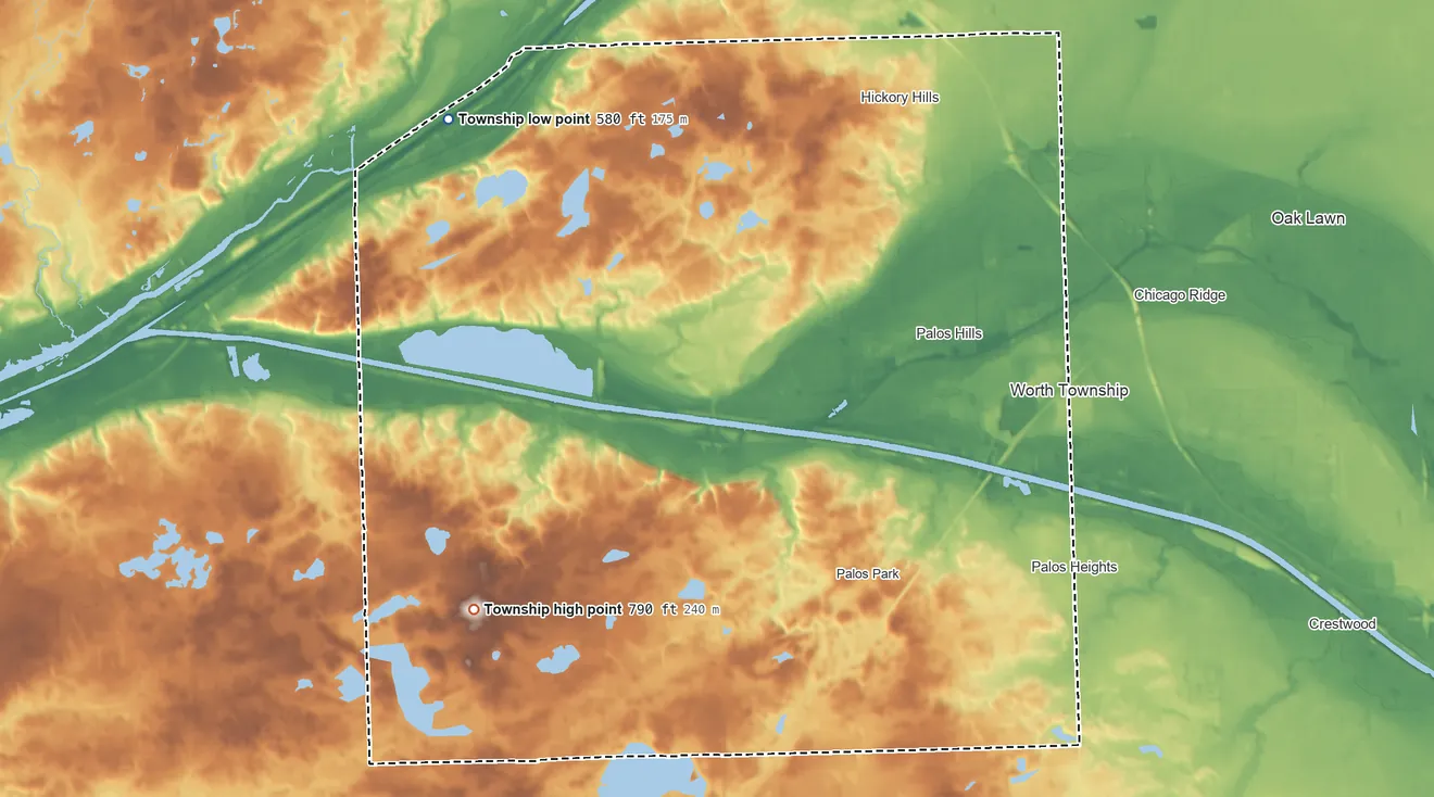Topographic elevation map of Palos Township, Illinois, shaded from 580 ft on the northwest side to 790 ft on the southwest side